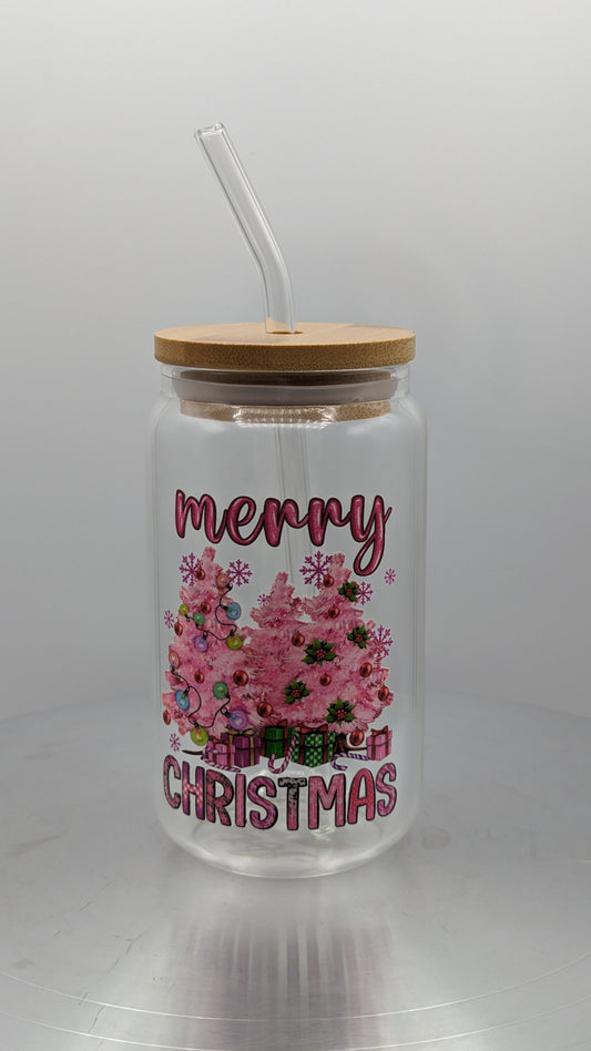 Pink Merry Christmas glass cup