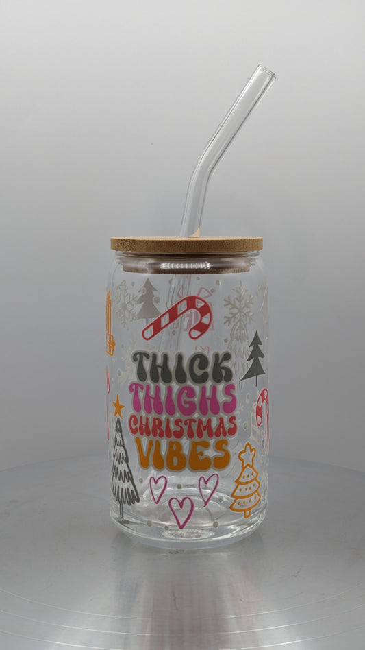 Thick Thighs Christmas Vibes glass cup